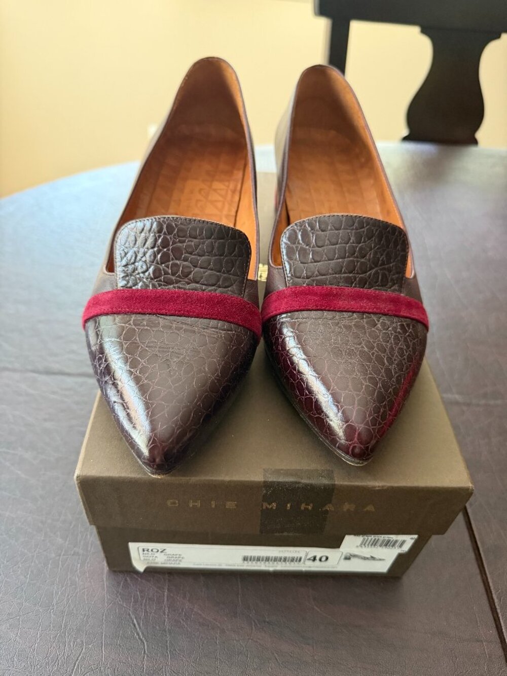 Chie Mihara Grape Purple Cracked Leather Red Suede Accent Pump 40 US 9